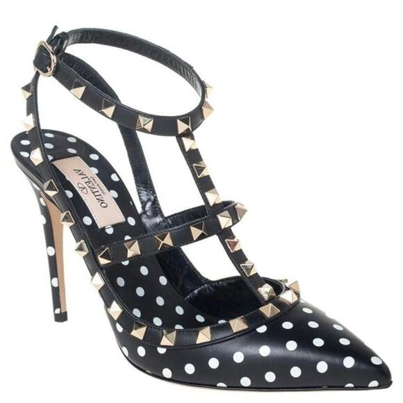 VALENTINO GARAVANI Black Ankle Strap Rockstud White Polkadot Sandals Siz… - Picture 1 of 15